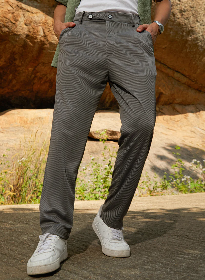 Men's Ash Grey Micro-Check Chino Trousers For Casual Wear | Mid-Rise | Regular Fit | Button Closure | Trousers Crafted With Comfort Fit For Everyday Wear